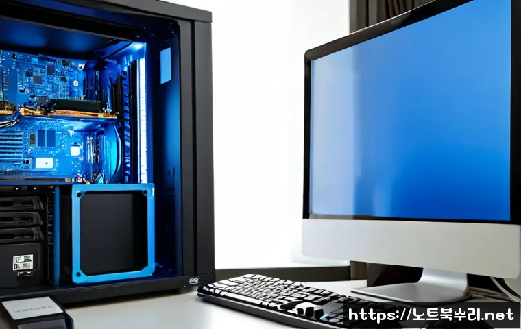 신창동 윈도우8 windows8 재설치 포맷 초기화 - Photorealistic PC repair workstation in a compact Sinchang-dong apartment office, desktop tower open...