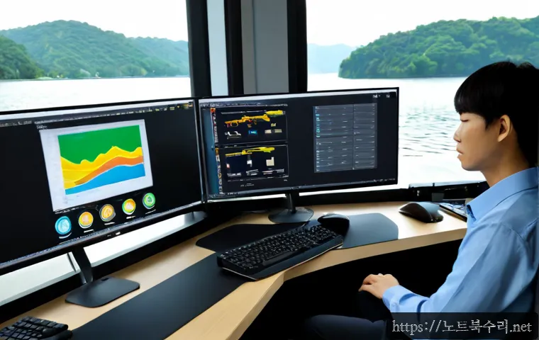 율동 VENDOR_DEFINED_ERROR - Photorealistic IT support workstation in a quiet Yuldong-inspired office near a lakeside park, dual ...