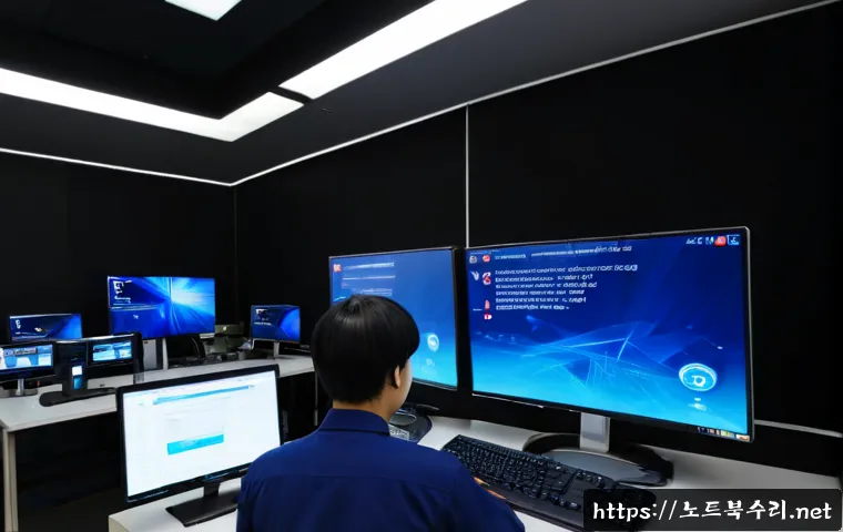 금천구 STATUS_KERNEL_DEBUG_FAILURE - Photorealistic IT support workstation in Geumcheon District, dual monitors showing a generic blue sy...