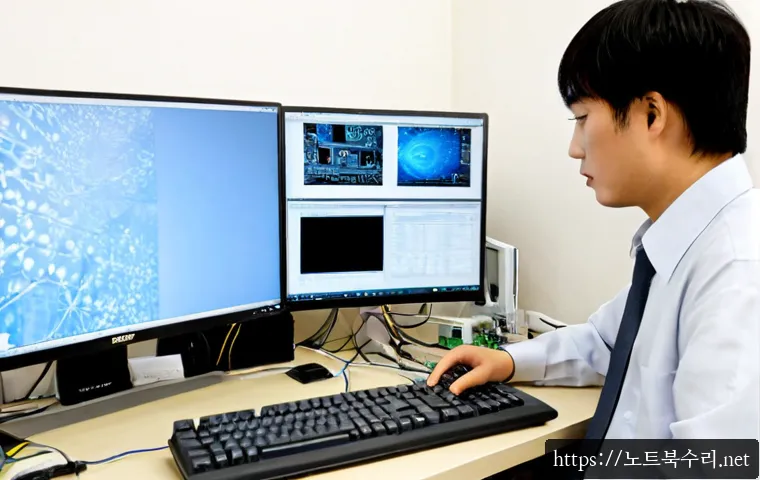 발화동 컴퓨터멈춤 - Photorealistic computer repair workstation in a compact Korean neighborhood office, frozen desktop m...