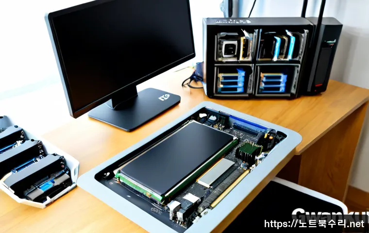 관악구 SSD조립 및 교체수리 - Photorealistic computer repair workstation in a compact Gwanak-gu home office, technician installing...