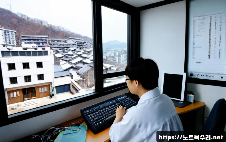 응암동 컴퓨터멈춤 - Photorealistic remote-support workstation in a compact Eungam-dong apartment, ultrawide monitor froz...