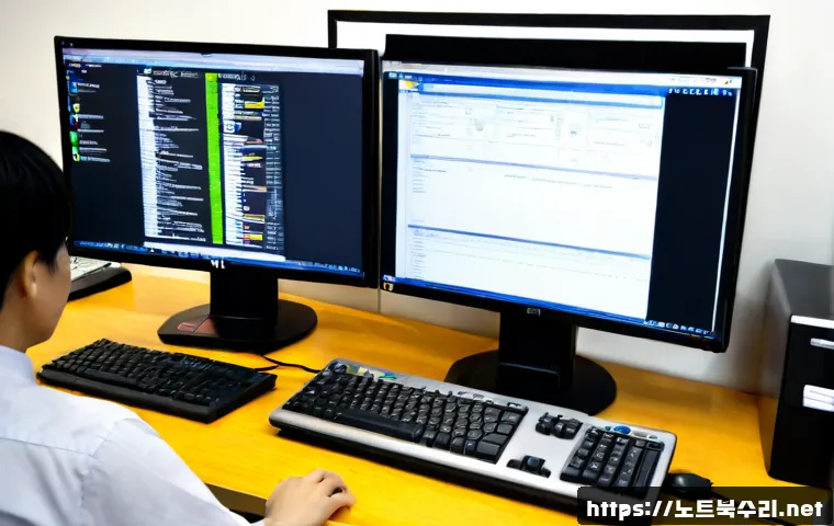 삼교동 STATUS_FILE_IN_USE - Photorealistic IT support workstation in a compact Samgyo-dong office, dual monitors showing a neutr...