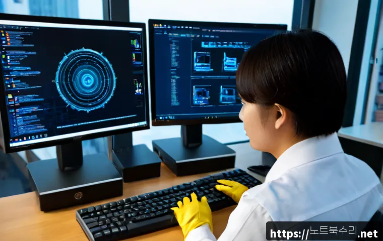 신현원창동 악성코드 바이러스 - Photorealistic cybersecurity workstation in a modern Incheon district office, dual monitors showing ...