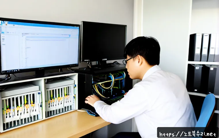 걸포동 ftp서버출장방문수리점 - Photorealistic on-site FTP server repair in a compact modern office in Geolpo-dong, technician conne...
