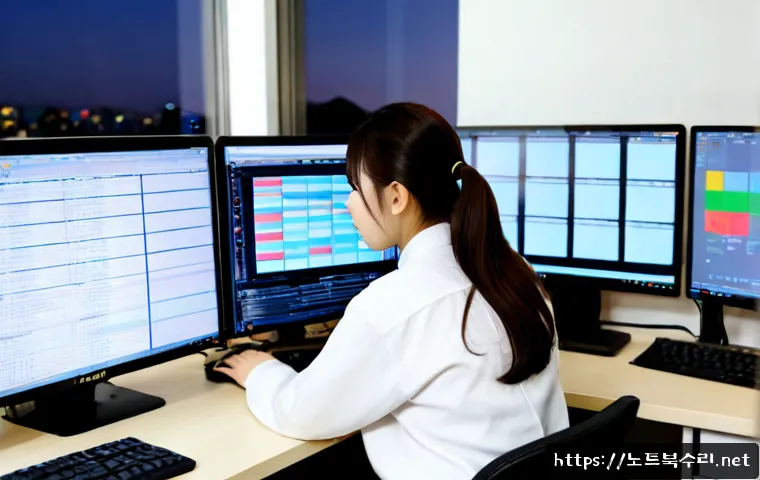 수진동 STATUS_DATATYPE_MISALIGNMENT - Photorealistic IT support workstation in a compact Sujin-dong office, technician studying a dual-mon...