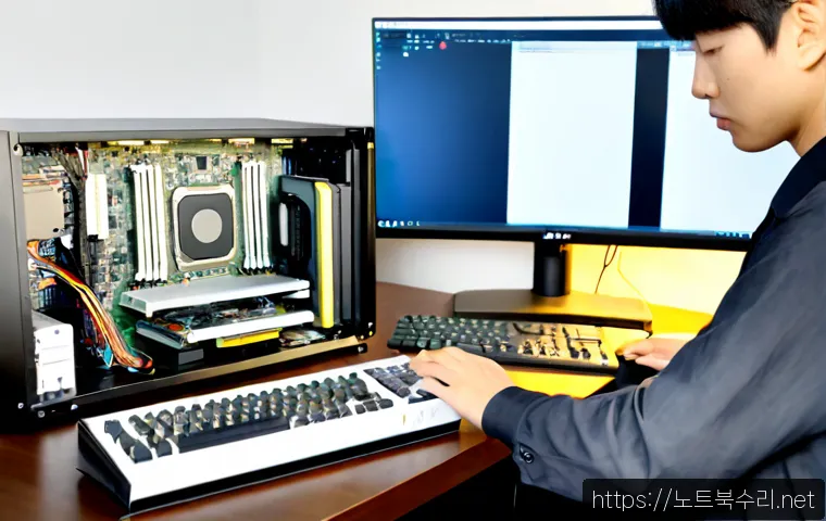 회덕동 컴퓨터업그레이드 - Photorealistic computer upgrade workstation in a compact Hoedeok-dong apartment study, technician in...