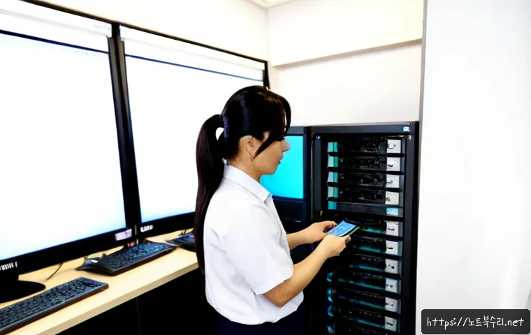 화수동 파일서버출장방문수리점 - Photorealistic on-site file server repair in a compact Hwasu-dong office, technician connecting diag...