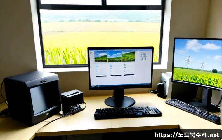 송산면 STATUS_NO_MEMORY - Photorealistic remote IT support workstation in a quiet Song-san-myeon home office, dual monitors sh...