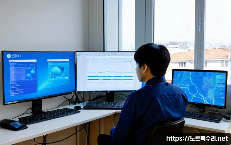 북변동 STATUS_KERNEL_CONFIGURATION_ERROR - Photorealistic IT support workstation in a compact Korean neighborhood office, dual monitors showing...