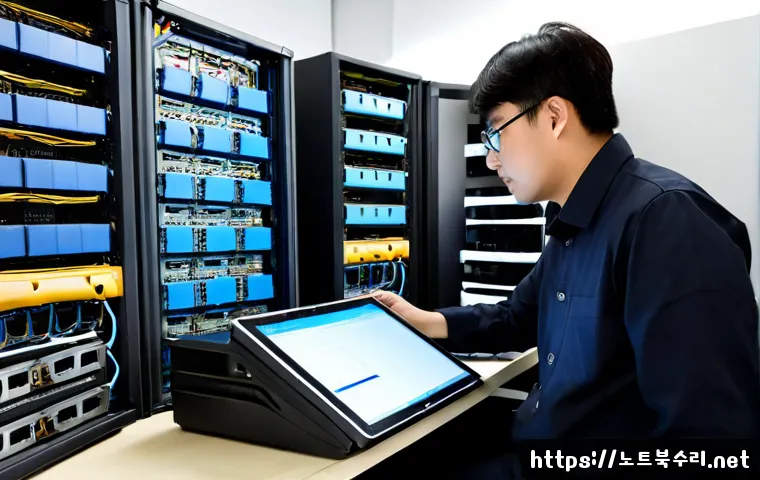 수송동 서버출장방문수리점 - Photorealistic IT technician performing on-site server repair in a compact Susong-dong office, open ...