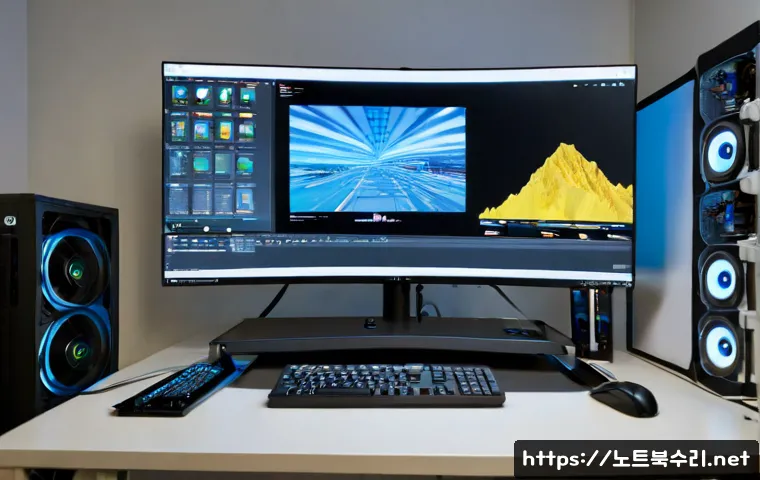 낙성대동 입력신호가 없습니다 - Photorealistic IT support workstation in a compact Seoul apartment office, dual monitors with one da...