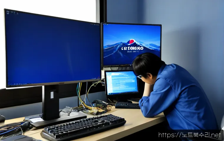 연양동 DRIVER_CAUSED_SYSTEM_CRASH - Photorealistic IT support workstation in Yeonyang-dong, a desktop monitor frozen on a plain deep-blu...
