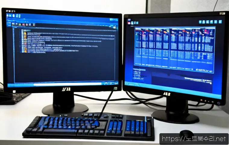 강남구 STATUS_KERNEL_INIT_FAILURE - Photorealistic IT support workstation in Gangnam, dual monitors showing a blank cobalt system crash ...