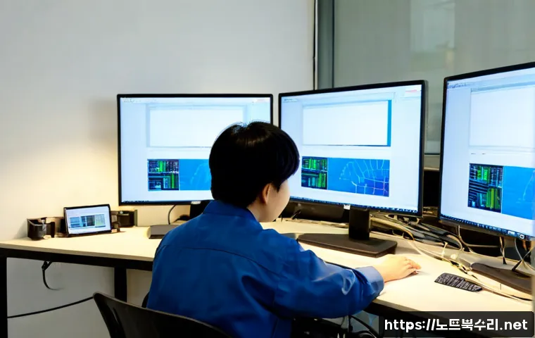 중대동 공장초기화복구 - Photorealistic industrial workstation in a small factory office near Jungdae-dong, technician carefu...