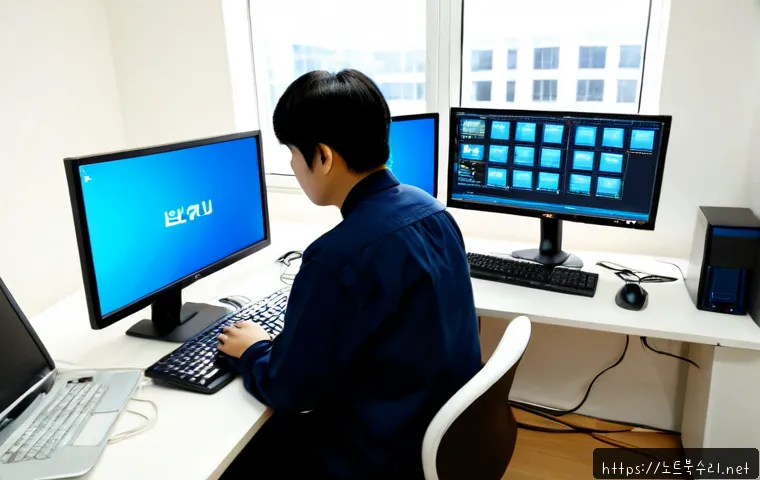 용두동 DRIVER_VERIFIER_DETECTED_VIOLATION - Photorealistic IT support workstation in a compact Yongdu-dong office, dual monitors showing a gener...