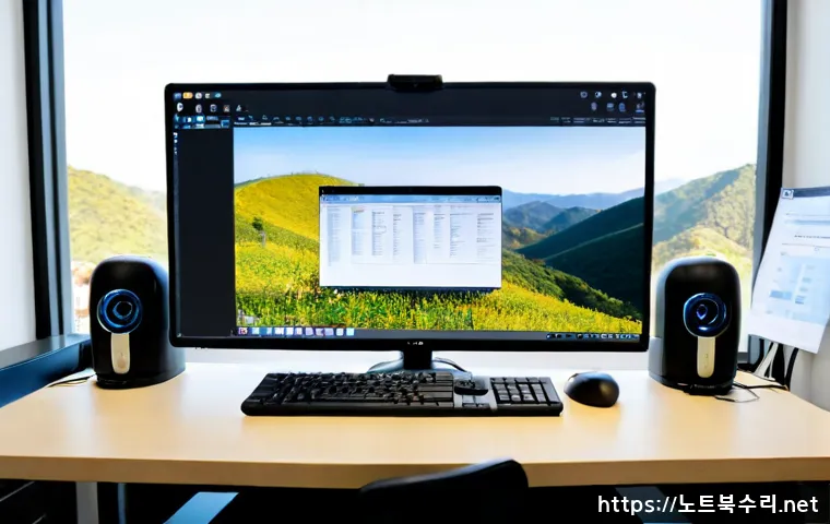 수암동 PROCESS_HAS_LOCKED_PAGES - Photorealistic remote-support workstation in a compact Suam-dong apartment office, dual monitors sho...