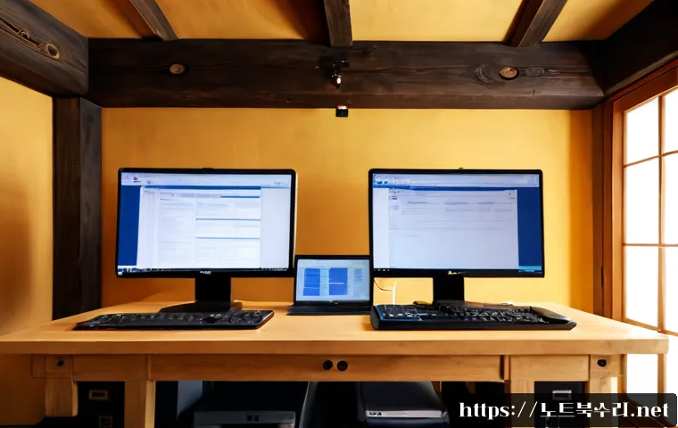 원서동 STATUS_FILE_READ_FAILURE - Photorealistic remote-support workstation in a quiet Wonseo-dong hanok-inspired studio, dual monitor...