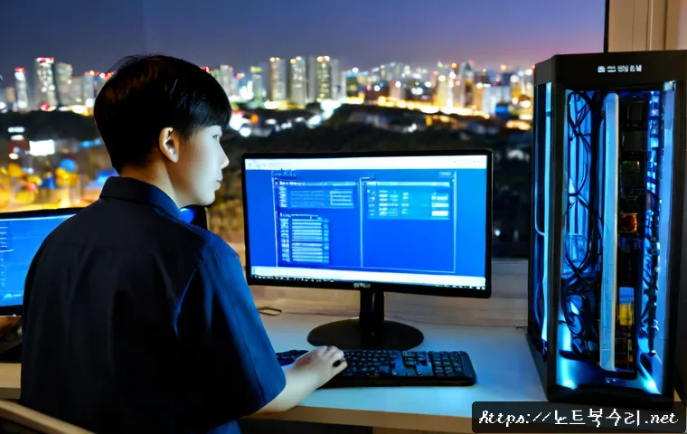 대림동 STATUS_KERNEL_DEVICE_ERROR - Photorealistic IT support workstation in a compact Daerim-dong apartment office, dual monitors showi...