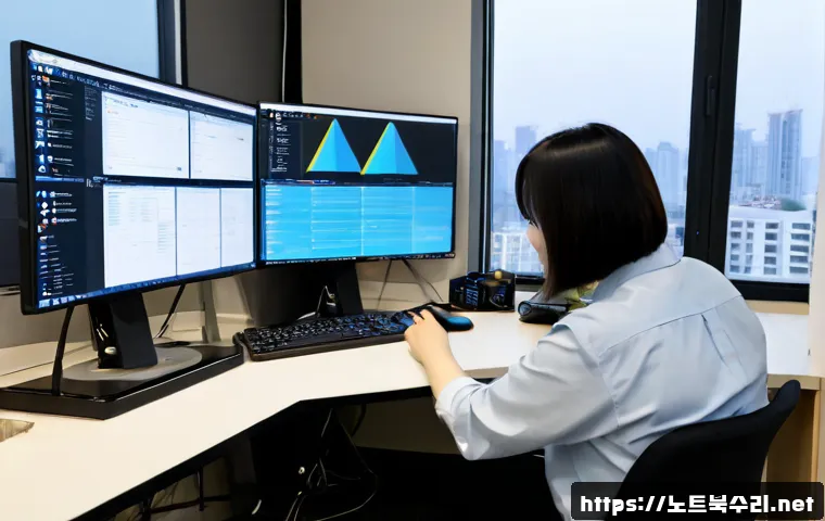 궐동 FAT_FILE_SYSTEM - Photorealistic IT support workstation in Gwon-dong, Osan, showing a technician recovering files from...