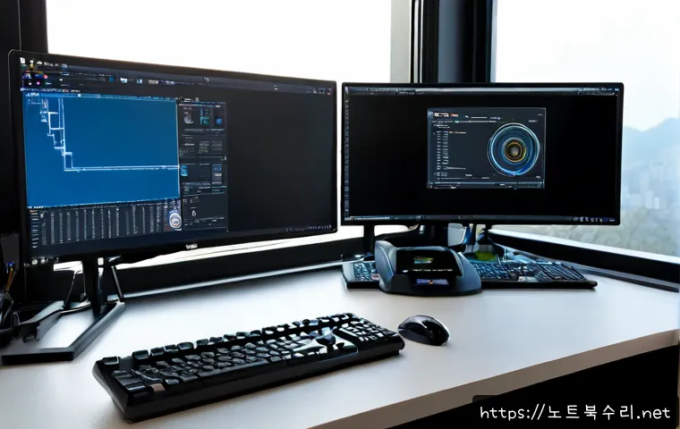 남학동 THREAD_TERMINATION_PORT - Photorealistic remote-support workstation in a compact hillside Seoul apartment, dual monitors showi...
