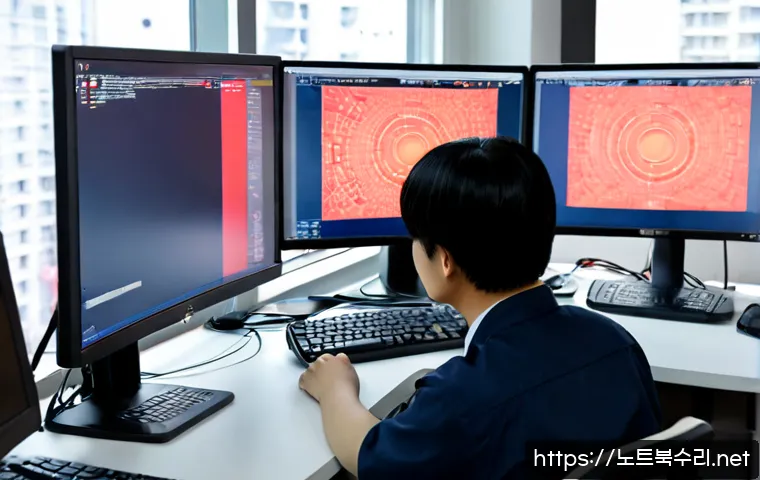 가리봉 STATUS_KERNEL_MEMORY_LEAK - Photorealistic IT support workstation in a compact Garibong office, dual monitors showing abstract 3...