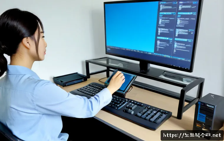 호수동 STATUS_KERNEL_STACK_CORRUPTION - Photorealistic remote IT support workstation beside a calm lakeside apartment district, dual monitor...
