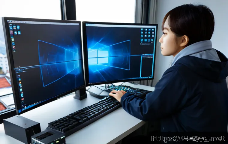 송학동 DRIVER_CORRUPTED_EXPOOL - Photorealistic IT support workstation in a compact Songhak-dong office, dual monitors showing a froz...