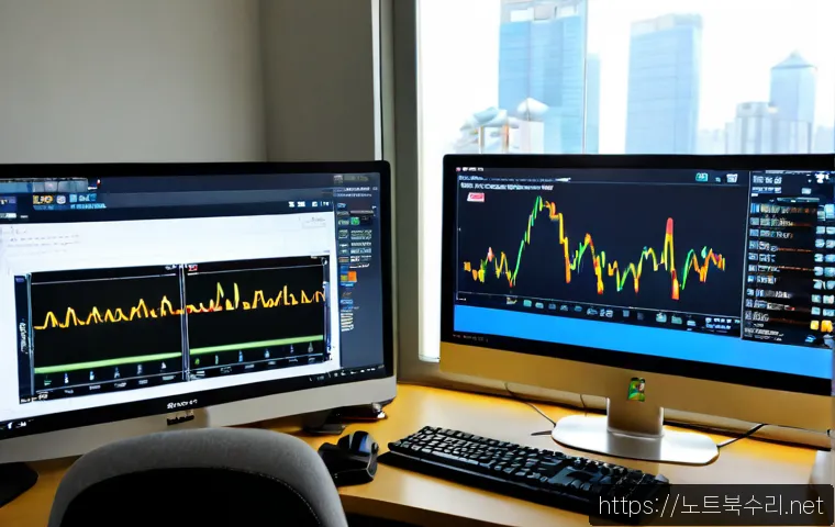 삼전동 STATUS_KERNEL_MEMORY_LEAK - Photorealistic IT support workstation in Samjeon-dong, Seoul, dual monitors showing a nonverbal abst...