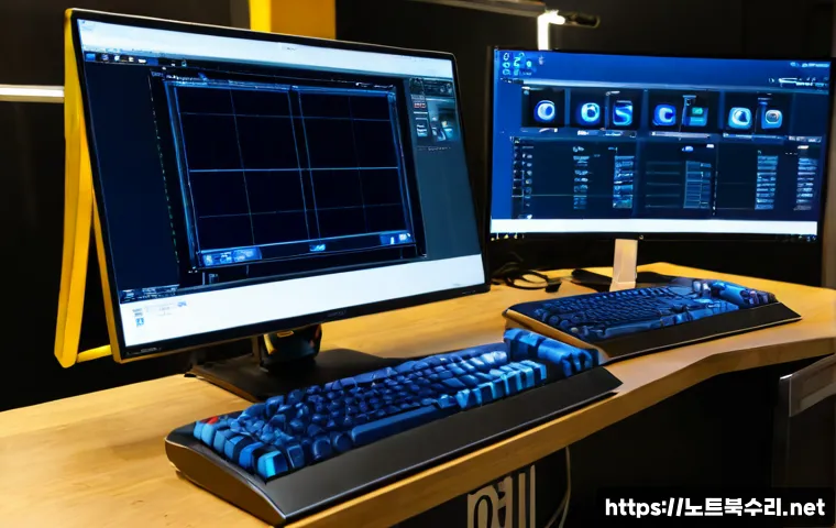 만석동 KERNEL_STACK_INPAGE_ERROR - Photorealistic industrial design workstation in Manseok-dong, dual monitors showing a blank cobalt s...