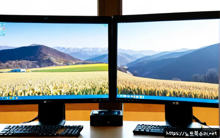 백사면 STATUS_KERNEL_EXECUTION_ERROR - Photorealistic IT support workstation in a quiet rural Korean office, dual monitors showing a blank ...