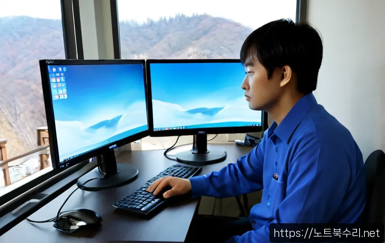 은평구 DRIVER_POWER_STATE_FAILURE - Photorealistic IT support workstation in a quiet Eunpyeong-gu apartment office, dual monitors with o...