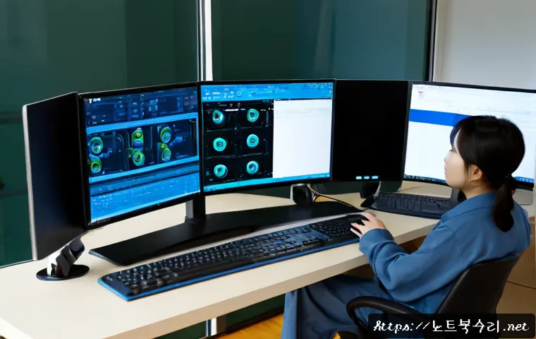 진동면 STATUS_IMAGE_ACCESS_DENIED - Photorealistic remote-support workstation in a quiet coastal Korean district, dual monitors showing ...