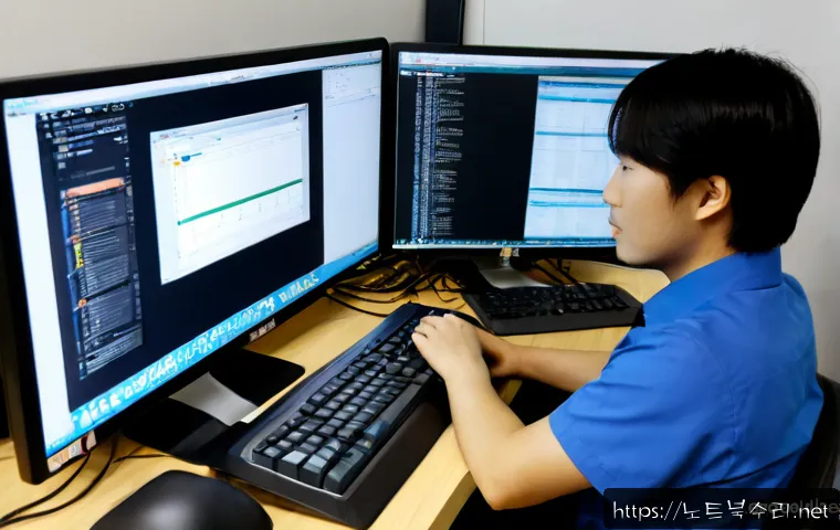 마장동 STATUS_IMAGE_CHECKSUM_MISMATCH - Photorealistic IT support workstation in a compact Seoul office near a traditional market district, ...
