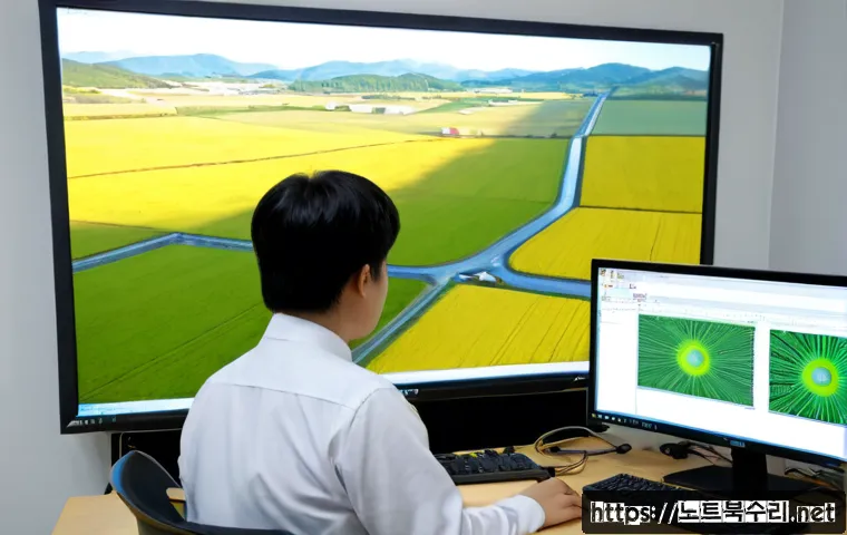 미산면 STATUS_STACK_BUFFER_OVERRUN - Photorealistic rural technical office in Misan-myeon, Korea, an IT specialist at a dual-monitor work...