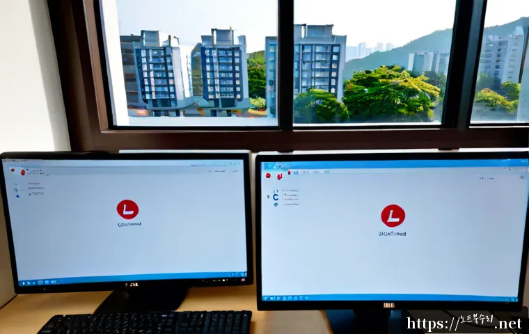 백석동 STATUS_CONNECTION_REFUSED - Photorealistic IT support workstation in a modern suburban Korean office, dual monitors showing a bl...