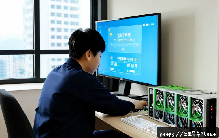 청암동 IO1_INITIALIZATION_FAILED - Photorealistic IT support workstation in a compact Cheongam-dong apartment office, dual monitors sho...