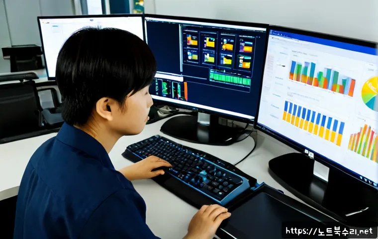 법원읍 STATUS_KERNEL_MODULE_CORRUPTION - Photorealistic remote IT support workstation in a quiet provincial Korean office, dual monitors show...