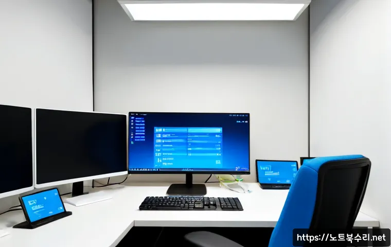 군포동 STATUS_KERNEL_CONFIGURATION_ERROR - Photorealistic IT support workstation in a compact Gunpo-dong office, dual monitors showing a blank ...