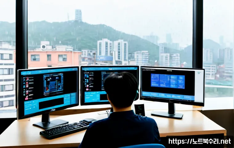 운연동 DRIVER_VERIFIER_DETECTED_VIOLATION - Photorealistic remote IT support workstation in Unyeon-dong, dual monitors showing a non-textual blu...