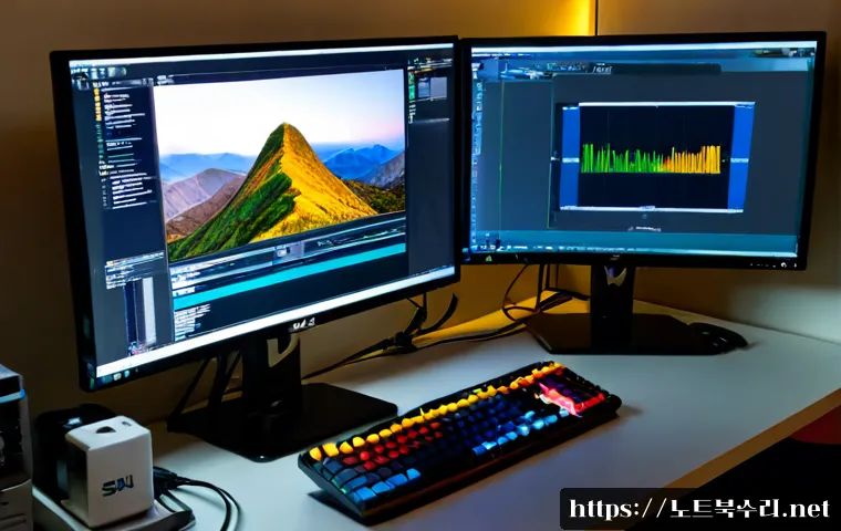 장위동 VIDEO_MEMORY_MANAGEMENT_INTERNAL - Photorealistic IT support workstation in a compact Jangwi-dong apartment office, dual monitors showi...