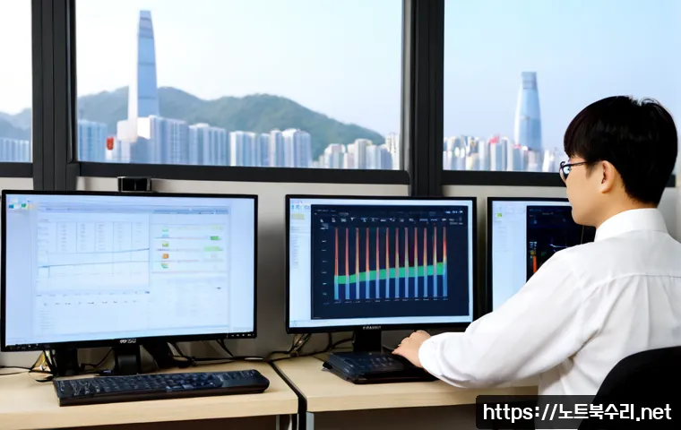 신생동 STATUS_PAGE_FAULT - Photorealistic IT support workstation in a compact Korean office, dual monitors showing a generic so...