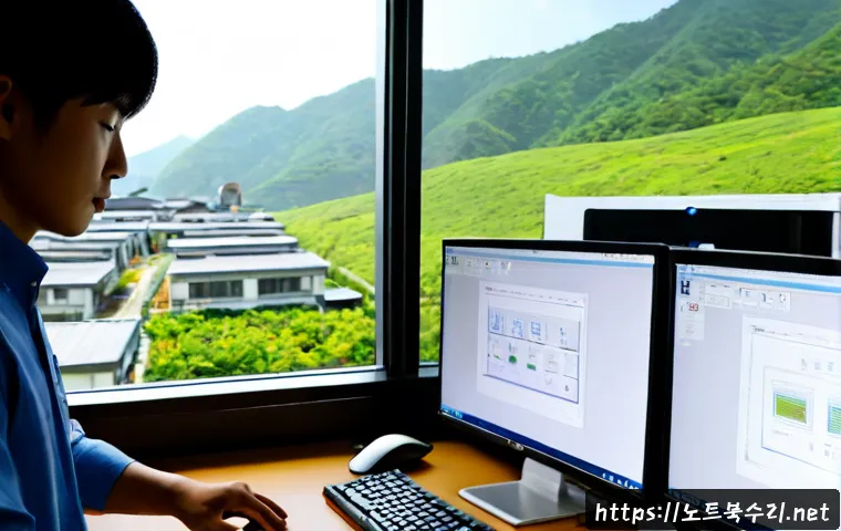 원미동 SOFTWARE_EXCEPTION - Photorealistic software support workstation in a compact Wonmi-dong office, dual monitors showing a ...