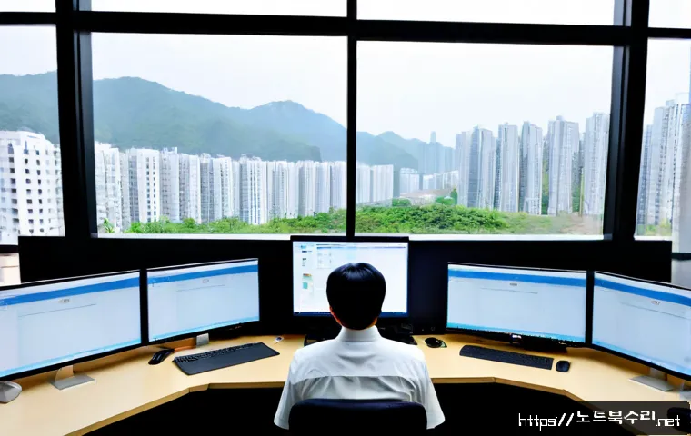 광정동 STATUS_RESOURCE_NOT_OWNED - Photorealistic IT support workstation in a compact Gwangjeong-dong office, dual monitors showing an ...