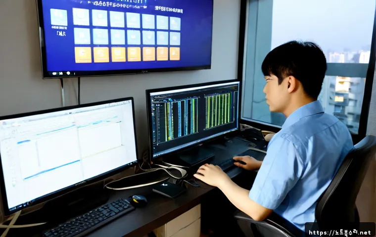 연다산동 VIDEO_MEMORY_MANAGEMENT_INTERNAL - Photorealistic remote IT support workstation in a compact Yeondasan-dong apartment office, dual moni...