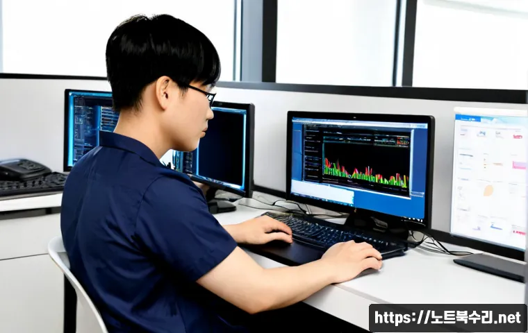 수암동 STATUS_FILE_INVALID - Photorealistic modern IT support workstation in a compact Suam-dong office, dual monitors showing ab...