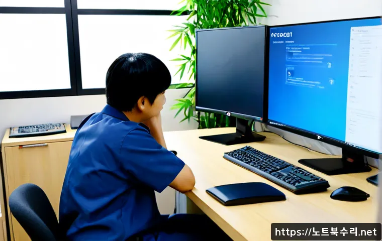 죽백동 KMODE_EXCEPTION_NOT_HANDLED - Photorealistic IT support workstation in a quiet modern Korean neighborhood office, dual monitors sh...
