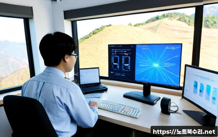 회암동 STATUS_KERNEL_THREAD_FAILURE - Photorealistic IT support workstation in a compact Korean neighborhood office, dual monitors showing...