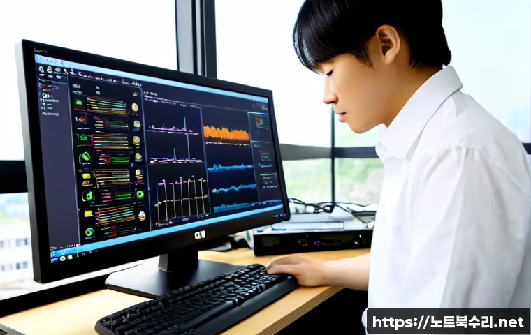 대치동 STATUS_KERNEL_MEMORY_LEAK - Photorealistic IT support workstation in Daechi-dong, Seoul, dual monitors showing abstract system d...