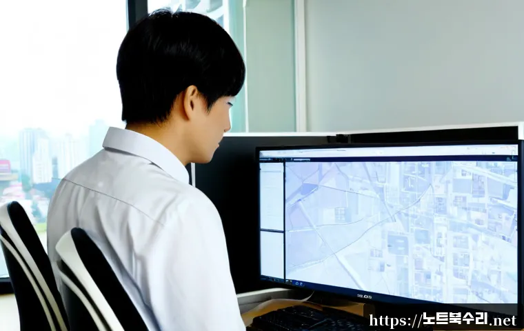 교하동 INVALID_KERNEL_HANDLE - Photorealistic IT support workstation in a modern Paju new-town office, dual monitors showing abstra...